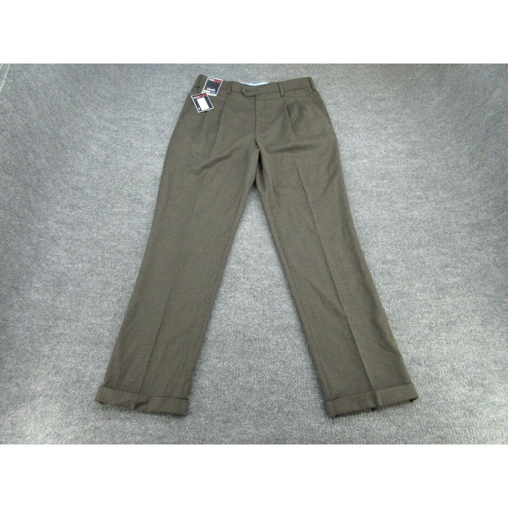 Roundtree & Yorke Mens Dress Pants NWT Classic Fit Olive Pleated Cuffed 34x32